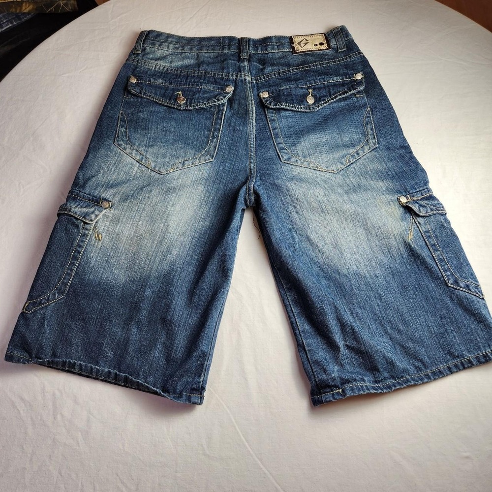 Gnet Mens Vintage Y2K Blue Denim Cargo Shorts Jorts Skater Knee Pockets Size 34